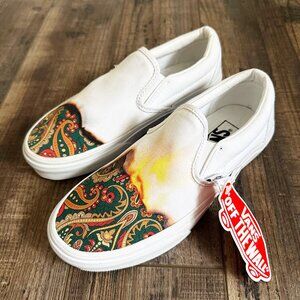 Vans Classic White Slip On Big Reveal Shoes Flame Fire Paisley New Womens 5.5